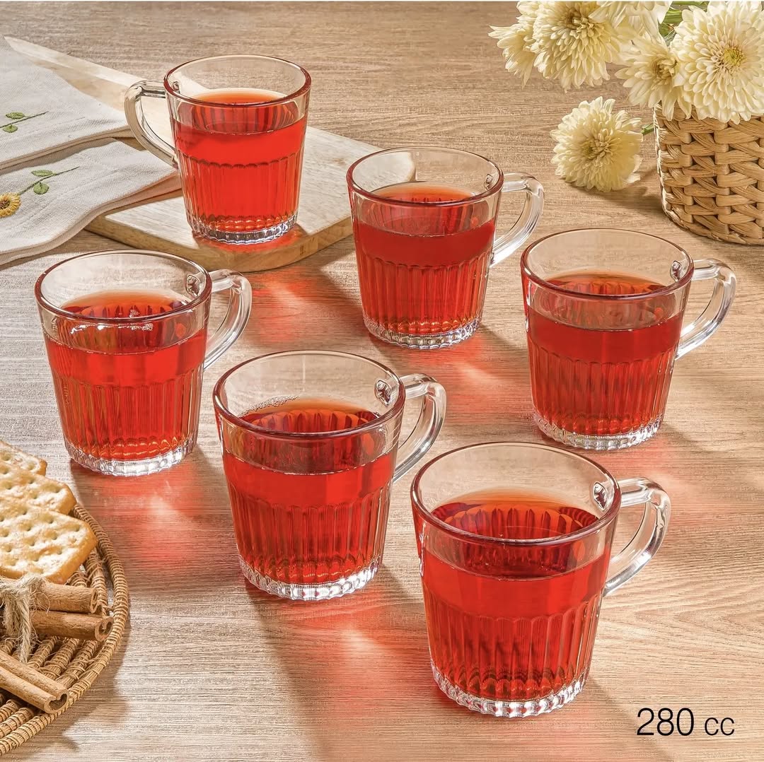 6 PCS GLASS TEA CUP SET - VERTICAL PATTERN DESIGN